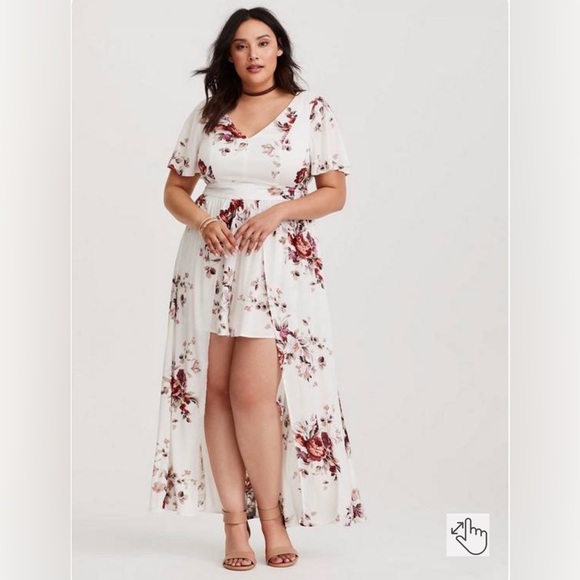 torrid Pants - TORRID Ivory White Floral Print Romper with Maxi Skirt Dress Overlay 28 5 5x